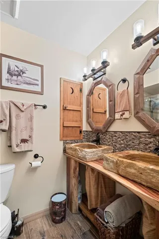 Full bath featuring wood finished floors, vanity, and a shower