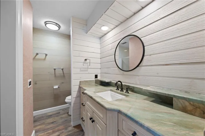 Bathroom featuring vanity, dark wood-type flooring, and wooden walls