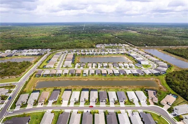 Aerial view of residential area featuring a forest and a nearby body of water