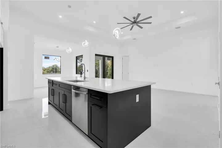 Kitchen featuring dishwasher, dark cabinets, a tray ceiling, open floor plan, and recessed lighting