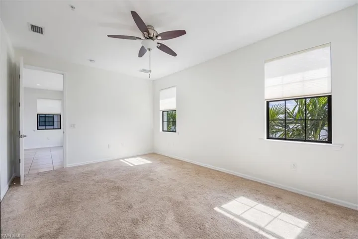 Owner's Suite with a wealth of natural light, ceiling fan, and carpet flooring