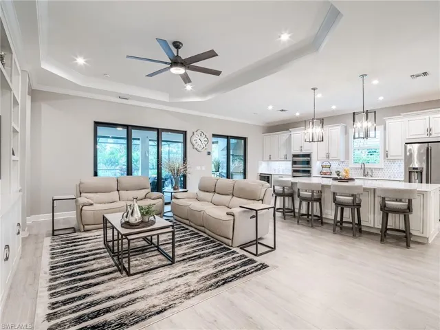 Living room featuring plenty of natural light, a raised ceiling, light hardwood / wood-style flooring, and ceiling fan