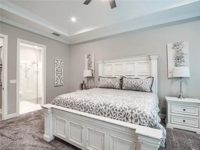 Carpeted bedroom with ornamental molding, connected bathroom, ceiling fan, and a tray ceiling