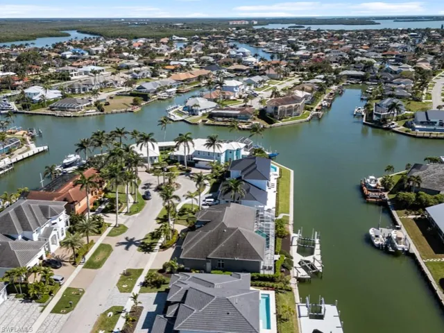 Birds eye view of property with a water view and a residential view