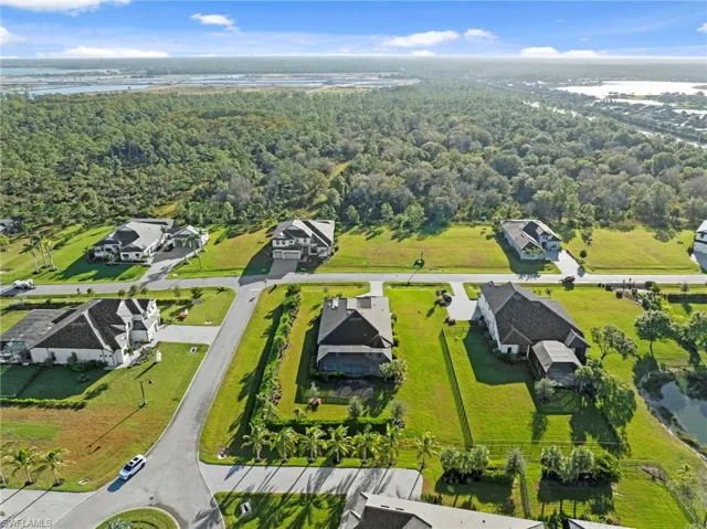 Aerial view of residential area featuring a nearby body of water and a forest
