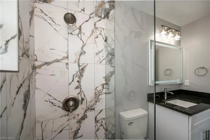 Full bathroom featuring toilet, a marble finish shower, and vanity