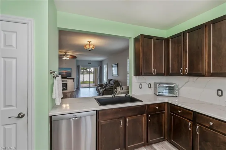 BOSCH dishwasher, view from kitchen to living room/patio entry