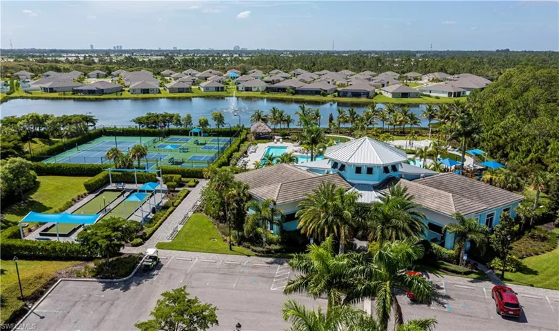 Clubhouse aerial view & all amenities;pool, gym, pickleball, tennis  bocce ball.