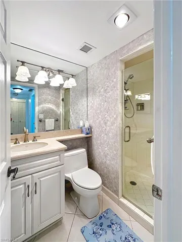 Full bathroom with toilet, visible vents, tile patterned flooring, a shower stall, and vanity