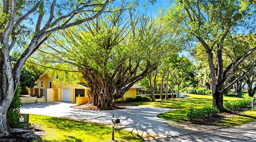 Obstructed view of property with curved driveway and a front lawn
