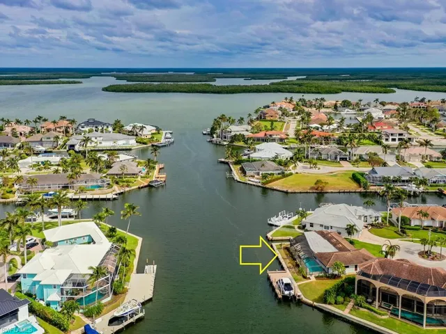 Aerial view of residential area featuring a large body of water