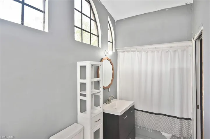 Bathroom with vanity and a shower with curtain
