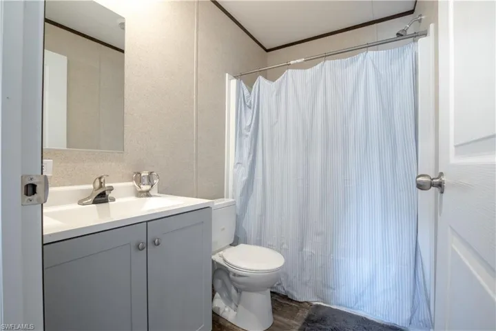 Bathroom vanity, and toilet