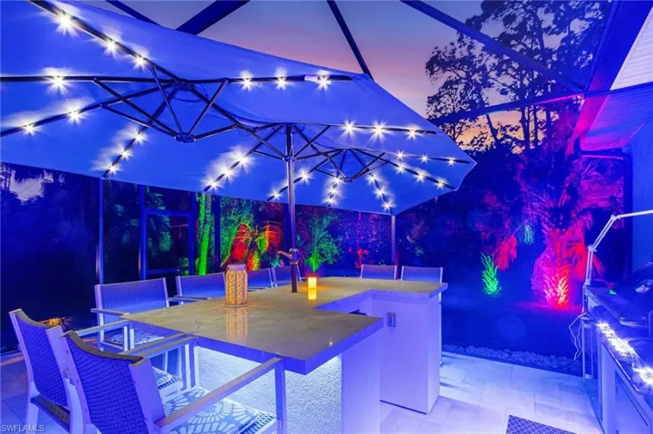 Patio terrace at dusk featuring a bar