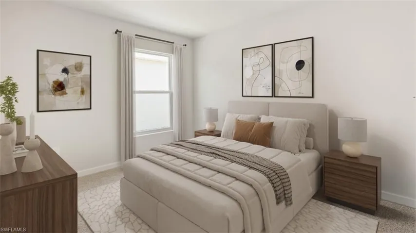 This image is virtually staged. Bedroom featuring baseboards and light colored carpet