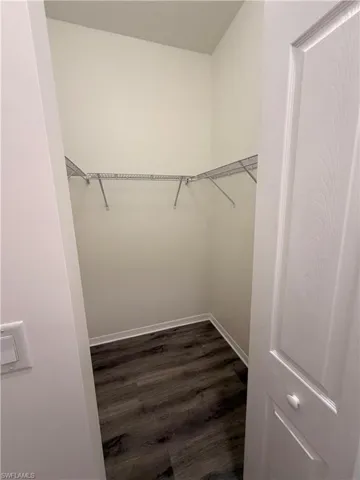 Walk-in closet with wood-finish flooring and integrated wire shelving