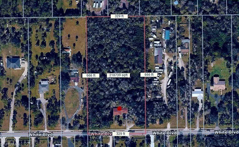5 acre lot boundaries highlighted with measurements