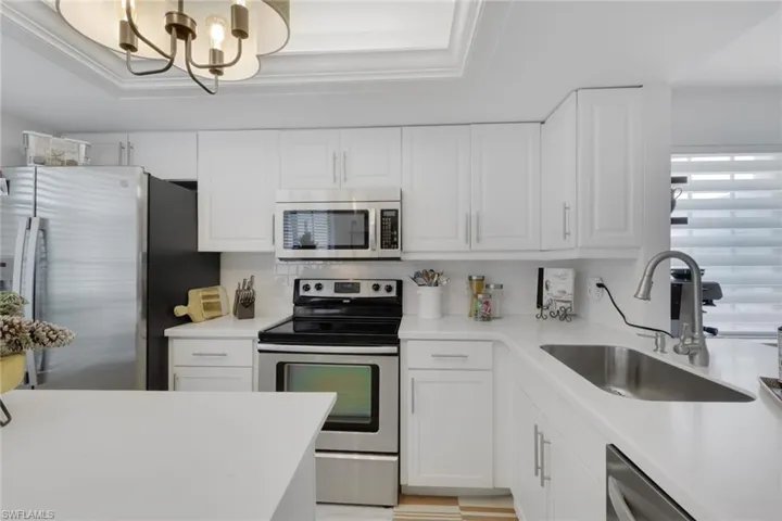 Kitchen with stainless steel appliances, white cabinets, and a raised ceiling