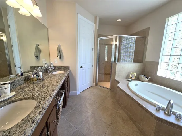 Bathroom featuring plenty of natural light, shower with separate bathtub, vanity, and tile patterned flooring