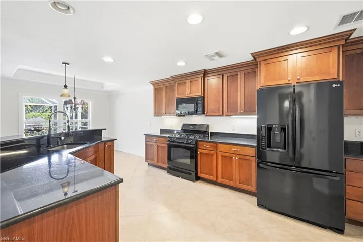 Kitchen featuring dark wood cabinetry, black appliances, black countertops, and a double basin sink with a gooseneck faucet