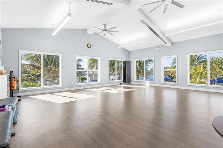 Workout room with ceiling fan, healthy amount of natural light, and wood finished floors