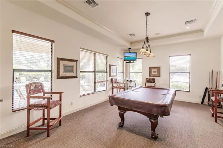 Rec room featuring carpet, billiards, and a tray ceiling