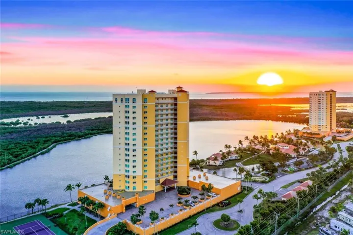 Aerial view at dusk with a water view