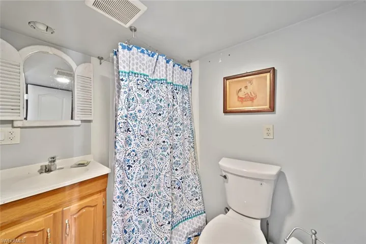 Bathroom with toilet, a shower with curtain, and vanity
