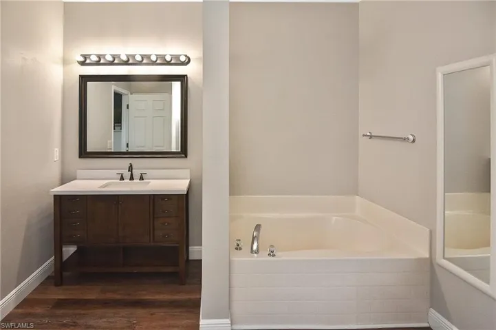 Bathroom with vanity, a garden tub, and dark wood-style floors