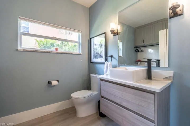 Bathroom with healthy amount of natural light, vanity, and wood finished floors