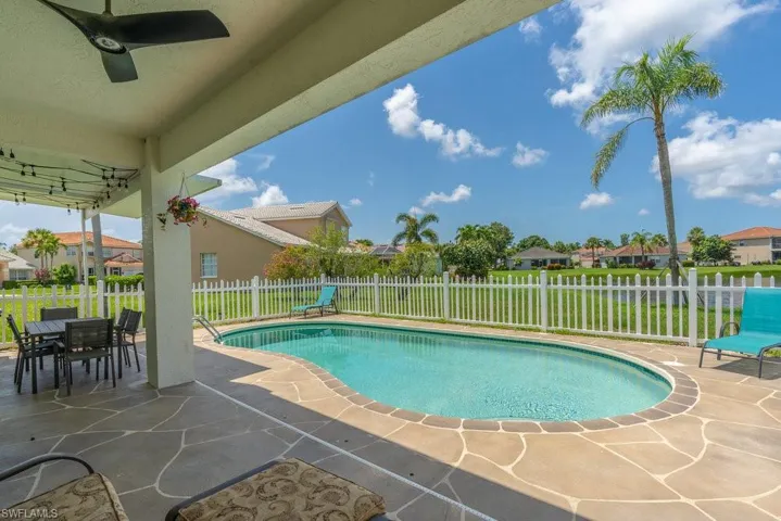 View of swimming pool featuring a patio, a residential view, a fenced backyard, and outdoor dining space