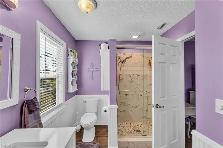 Bathroom with vanity, a textured ceiling, a shower with door, wood-type flooring, and toilet
