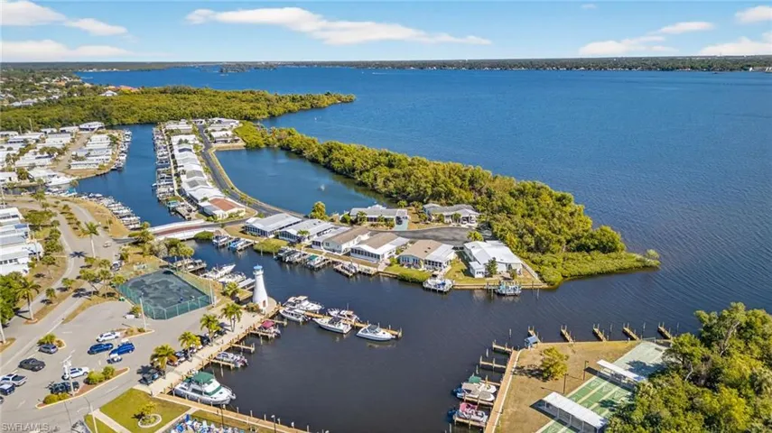 Aerial view of marina and boat slips