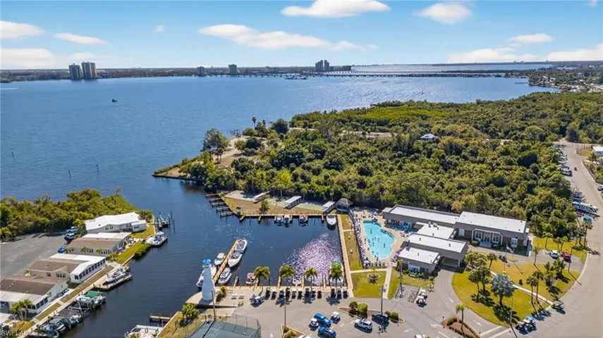 Bird's eye view of marina, boat slips and pool