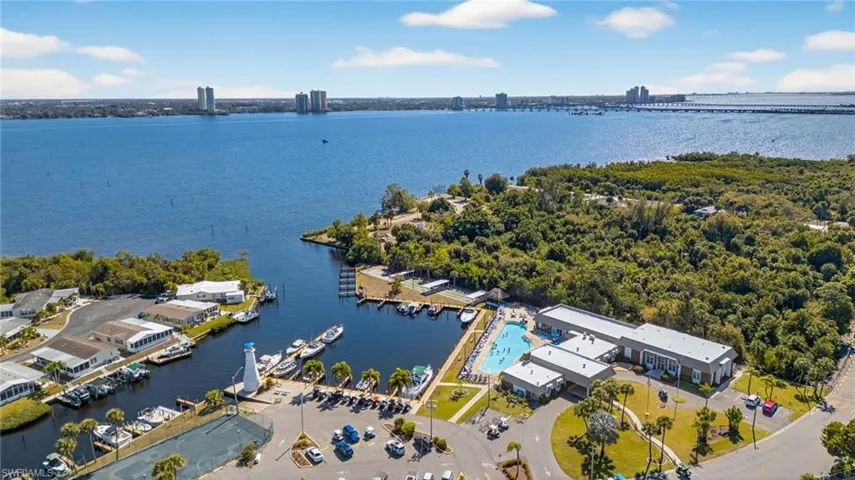 Bird's eye view of marina, clubhouse and pool
