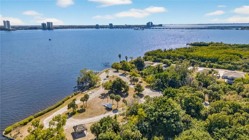 Aerial view of 8.5 acre Palm Point and Caloosahatchee River