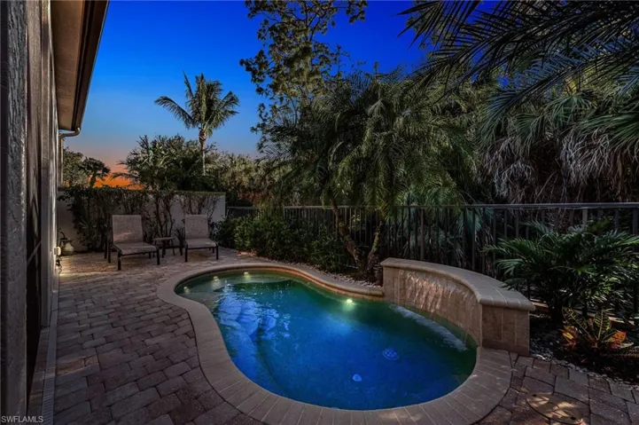 Pool at dusk with preserve views.