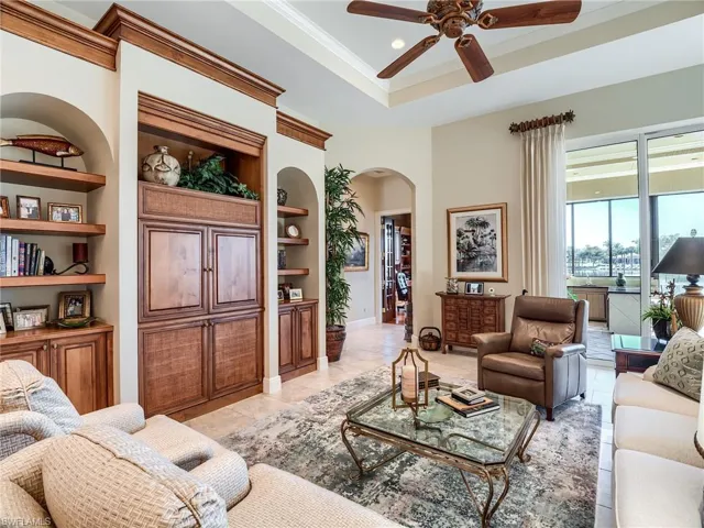 family room with custom built in features