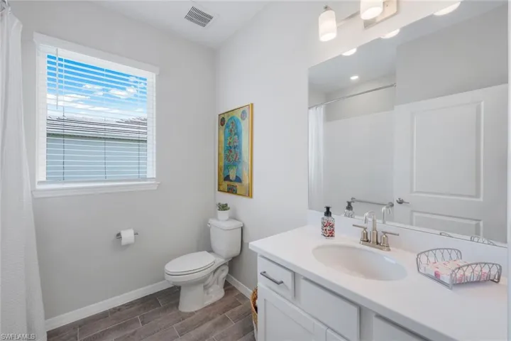 Bathroom featuring wood tiled floors, vanity, and curtained shower