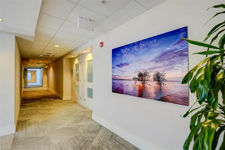 Hall featuring a drop ceiling and commercial carpet flooring