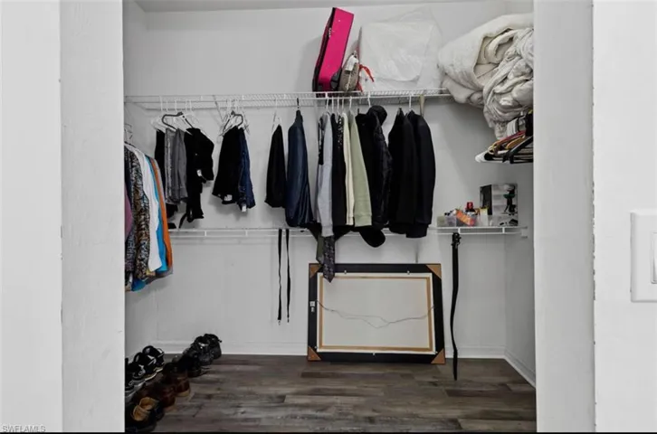 Spacious closet with dark hardwood / wood-style flooring