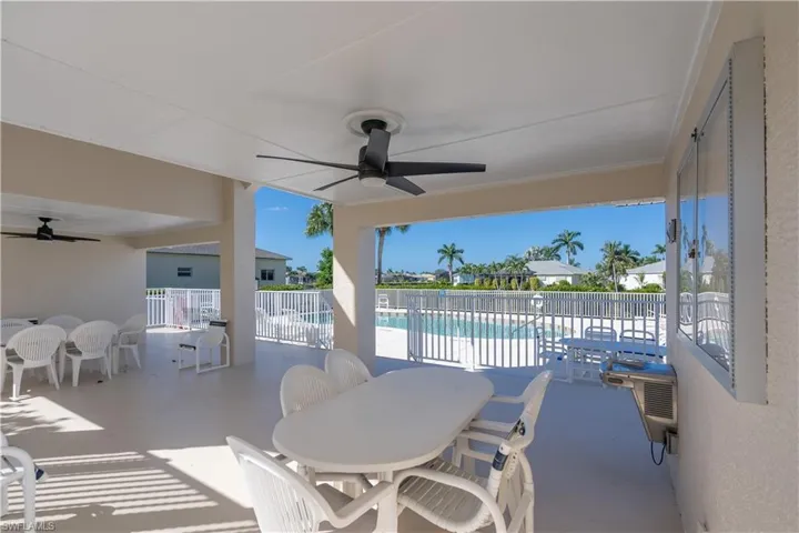 View of community patio / terrace with ceiling fan and a community pool