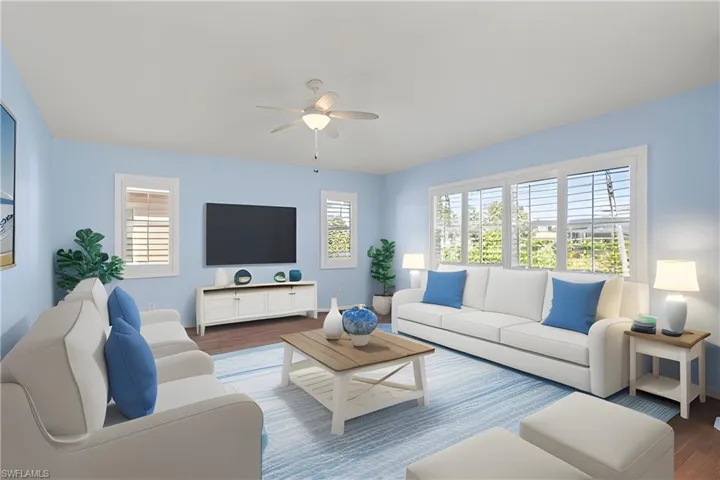 Virtually Staged Living room with ceiling fan and hardwood / wood-style floors
