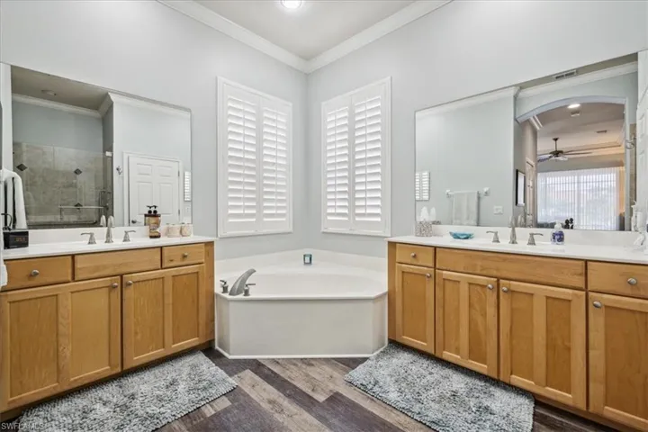 Bathroom featuring wood-type flooring, plus walk in shower, vanity, and ceiling fan