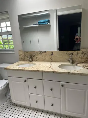 Full bathroom with a sink, toilet, and double vanity