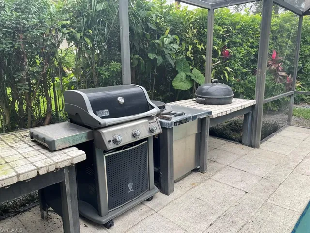 View of patio featuring a lanai and area for grilling