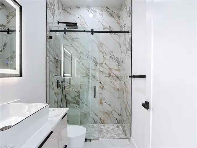 Bathroom featuring vanity, toilet, and walk in shower