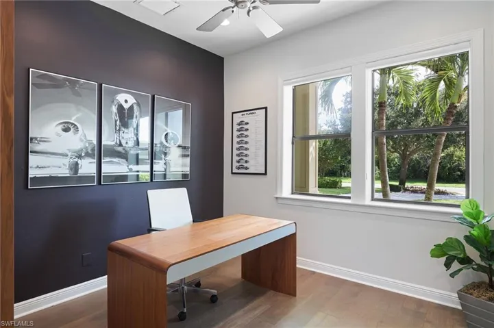 Office space featuring hardwood / wood-style floors, ceiling fan, and a healthy amount of sunlight