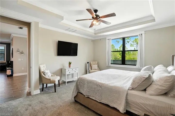 Bedroom with a tray ceiling, ornamental molding, carpet flooring, and a ceiling fan