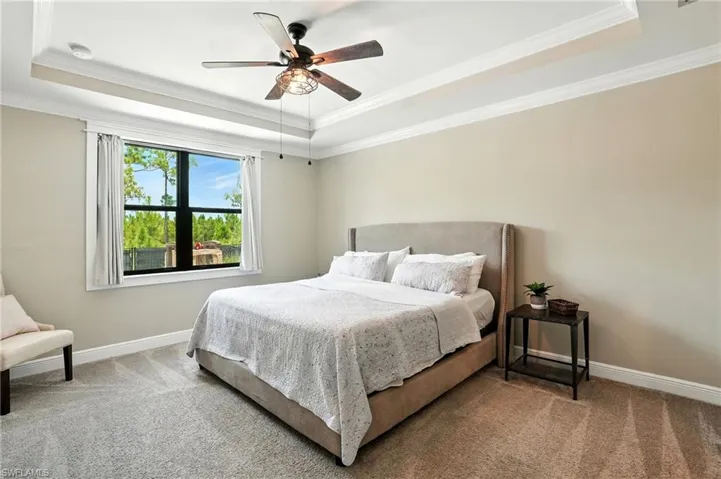 Bedroom with a raised ceiling, ornamental molding, carpet floors, and a ceiling fan